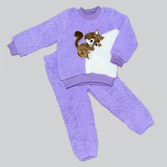 Eterelle 1-2-3 Yaş Masum Yavru Sincap Nakışlı Kuzu Kumaş Sweat Pantolon 2li Kız Erkek Bebek Takımı Lila