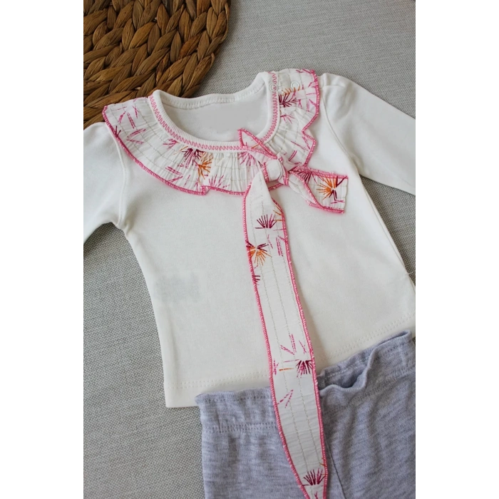 Eterelle 3-6 6-9 9-12 Ay Matmazel Yaka Fırfır Detaylı Bandanalı Uzun Kollu Sweat 3lü Kız Bebek Takımı Ekru