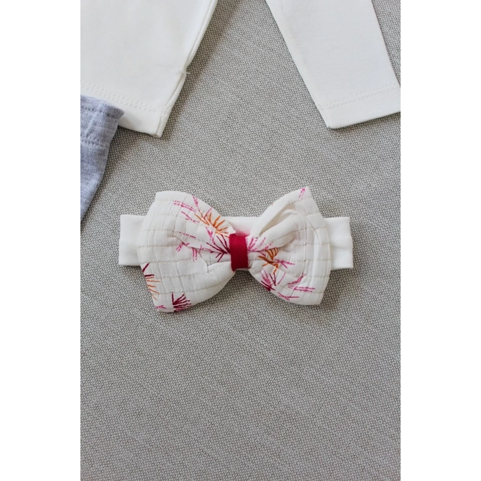 Eterelle 3-6 6-9 9-12 Ay Matmazel Yaka Fırfır Detaylı Bandanalı Uzun Kollu Sweat 3lü Kız Bebek Takımı Ekru