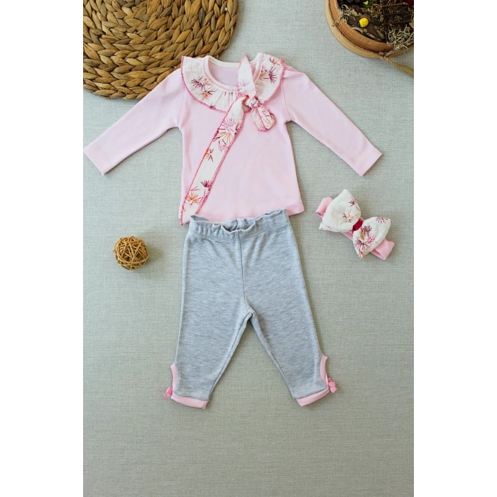 Eterelle 3-6 6-9 9-12 Ay Matmazel Yaka Fırfır Detaylı Bandanalı Uzun Kollu Sweat 3lü Kız Bebek Takımı Pembe