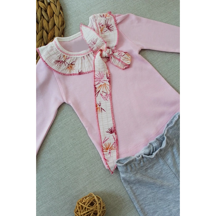 Eterelle 3-6 6-9 9-12 Ay Matmazel Yaka Fırfır Detaylı Bandanalı Uzun Kollu Sweat 3lü Kız Bebek Takımı Pembe