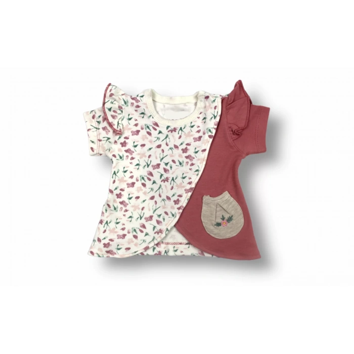 Eterelle 3-6 6-9 9-12 Ay Melek Kız Nakışlı Bandanalı Kısa Kollu Sweatli Şortlu 3lü Kız Bebek Takımı Nar Çiçeği