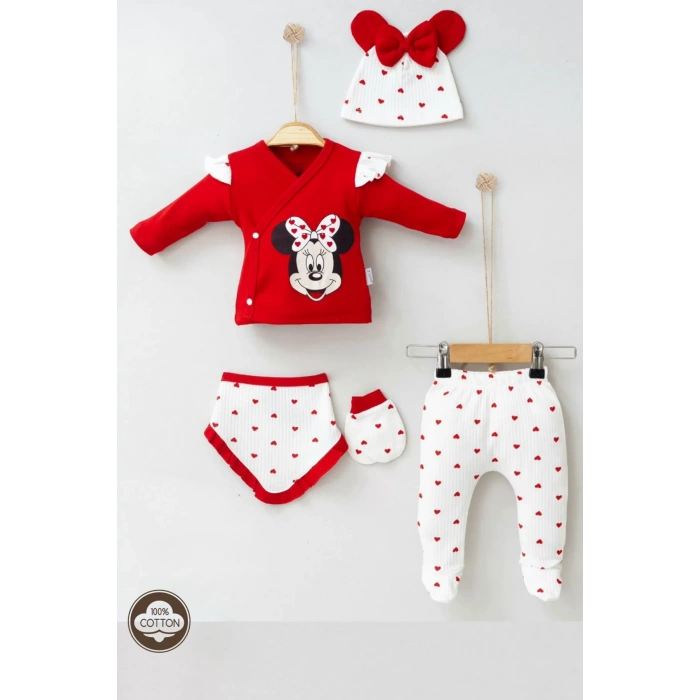 Eterelle Mickey Desenli % 100 Pamuk 5li Kız Bebek Hastane Çıkışı