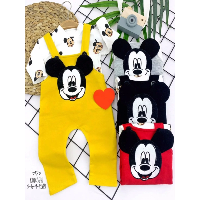 Eterelle 3-6-9-12 Ay Mickey Figürlü Uzun Kollu Baskılı Sweatli 2li Kız Erkek Bebek Salopet Takımı Siyah