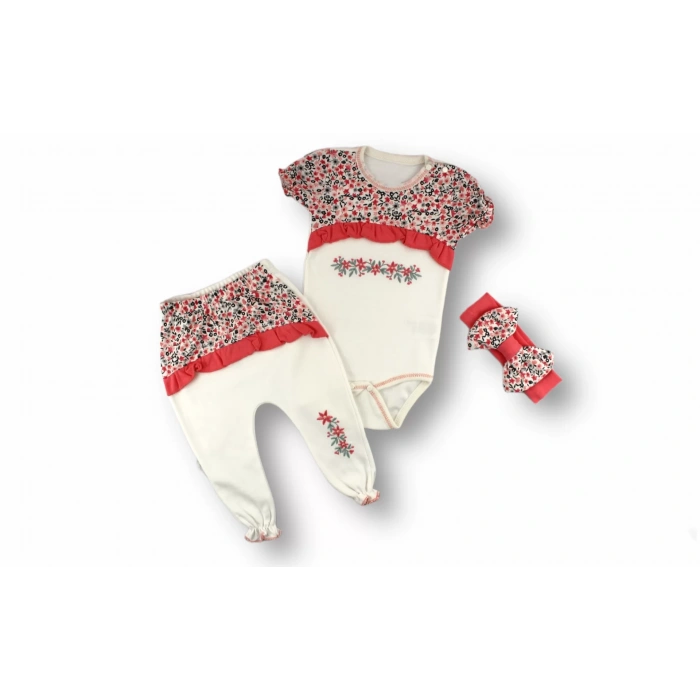 Eterelle 3-6 6-9 9-12 Ay Mimoza Baskılı Bandanalı Kısa Kollu Zıbınlı 3lü Kız Bebek Takımı Nar Çiçeği