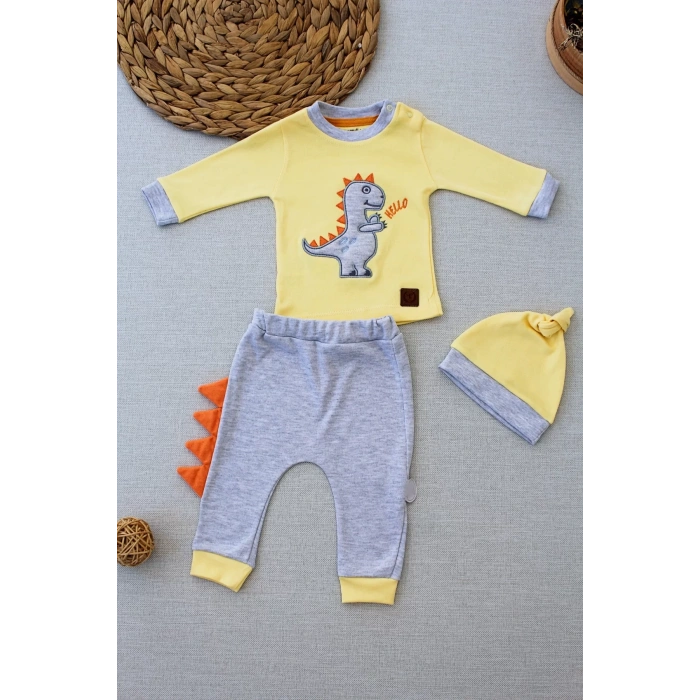 Eterelle 3-6 6-9 9-12 Ay Minik Dino Nakışlı Şapkalı Uzun Kollu Sweat 3lü Kız-erkek Bebek Takımı Sarı