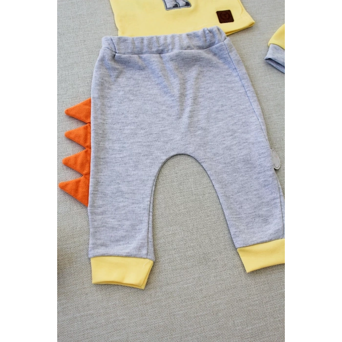 Eterelle 3-6 6-9 9-12 Ay Minik Dino Nakışlı Şapkalı Uzun Kollu Sweat 3lü Kız-erkek Bebek Takımı Sarı