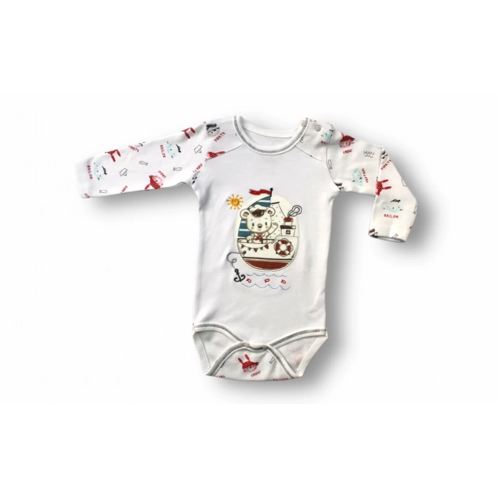 Eterelle 3-6 6-9 9-12 Ay Minik Korsan Nakışlı Şapkalı Uzun Kollu Zıbınlı 3lü Kız-erkek Bebek Takımı Ekru