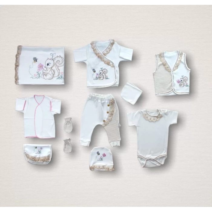 Eterelle Minik Sincap Nakışlı  10lu Zıbın Takımı Hastane Çıkışı Ekru