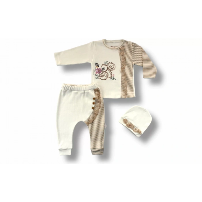 Eterelle 3-6 6-9 9-12 Ay Minik Sincap Nakışlı Şapkalı Uzun Kollu Sweatli 3lü Kız Bebek Takımı Kahverengi