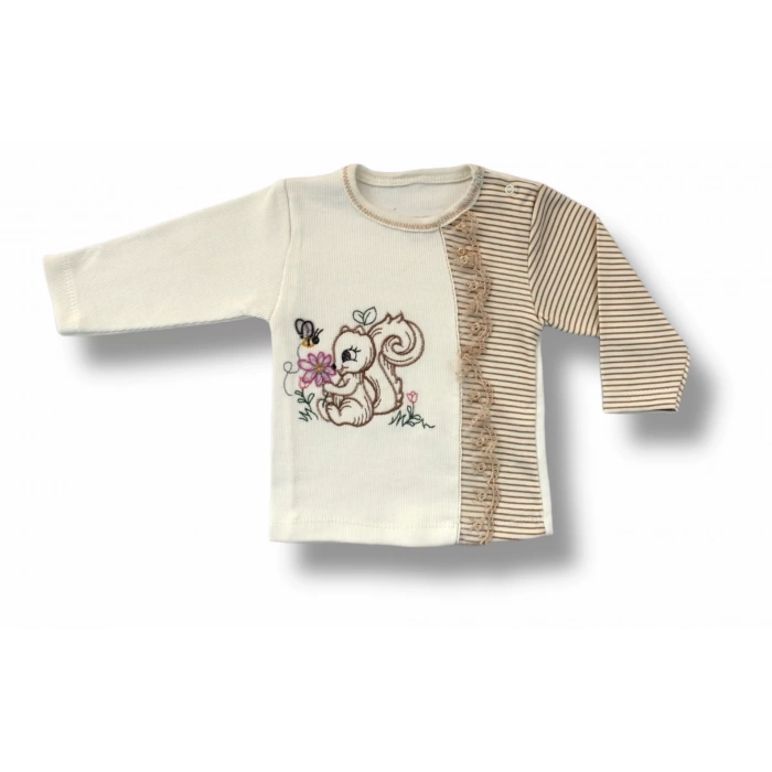 Eterelle 3-6 6-9 9-12 Ay Minik Sincap Nakışlı Şapkalı Uzun Kollu Sweatli 3lü Kız Bebek Takımı Kahverengi