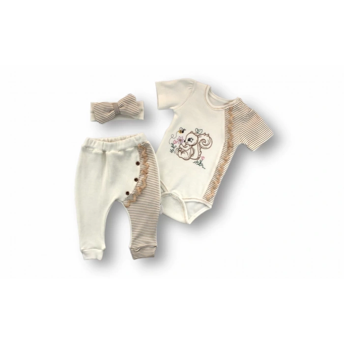 Eterelle 3-6 6-9 9-12 Ay Minik Sincap Nakışlı Şapkalı Uzun Kollu Zıbınlı 3lü Kız Bebek Takımı Kahverengi