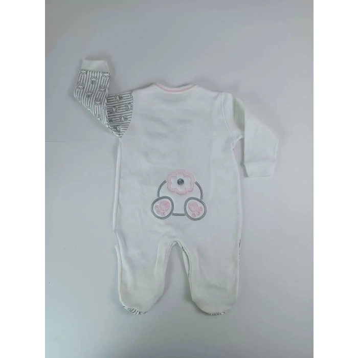 Eterelle 0-3 3-6 Ay Minik Tavşan Nakışlı Boydan Çıtçıt Kapamalı Kız Erkek Bebek Tulumu Ekru