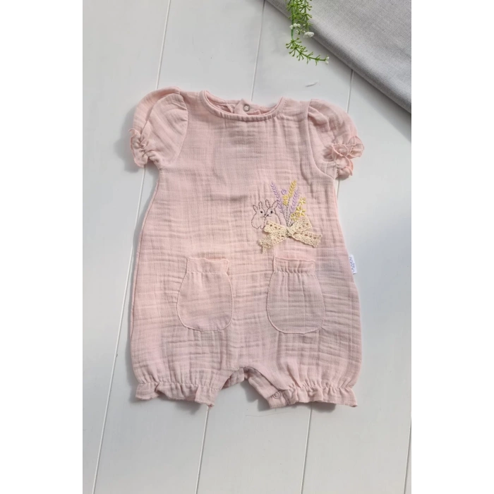 Eterelle Müslin Kumaş Çiçek Nakışlı Pamuklu Kız Bebek Tulum