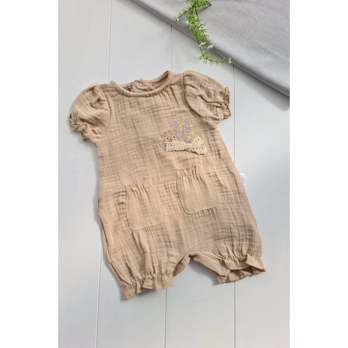 Eterelle Müslin Kumaş Çiçek Nakışlı Pamuklu Kız Bebek Tulum