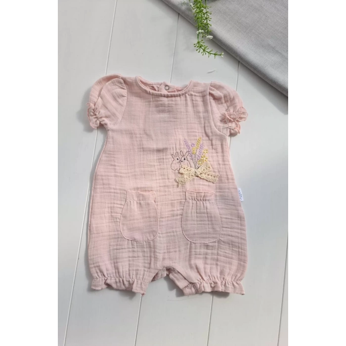 Eterelle Müslin Kumaş Çiçek Nakışlı Pamuklu Kız Bebek Tulum