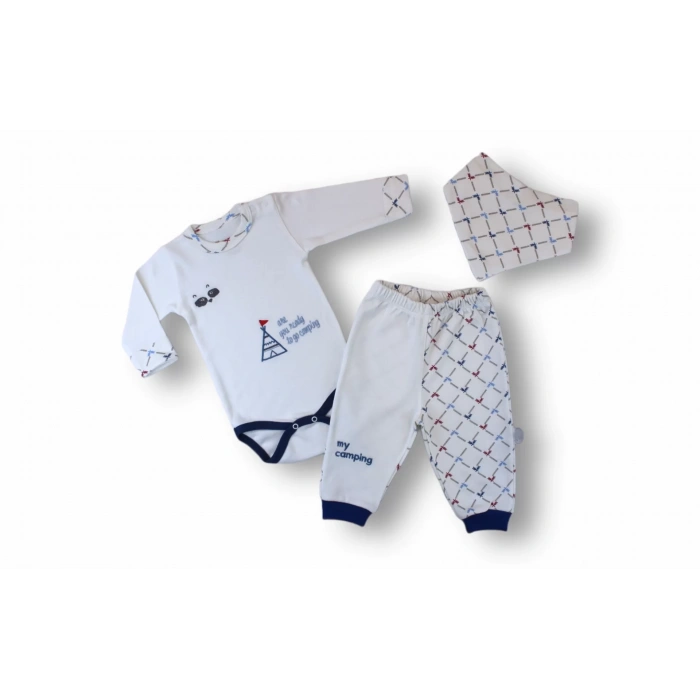 Eterelle 3-6 6-9 9-12 Ay My Camping Nakışlı Bandajlı Uzun Kollu Zıbınlı 3lü Erkek Bebek Takımı Ekru