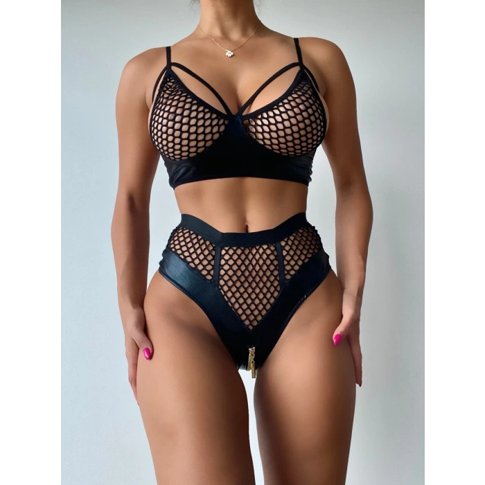 Nightlight Deri Detaylı File Sütyen Takımı