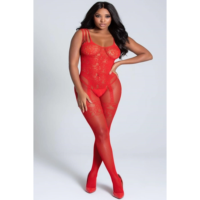 NightLight Kadın Kırmızı Jartiyer Desenli Özel Bölgesi Açık Vücut Çorabı 5046