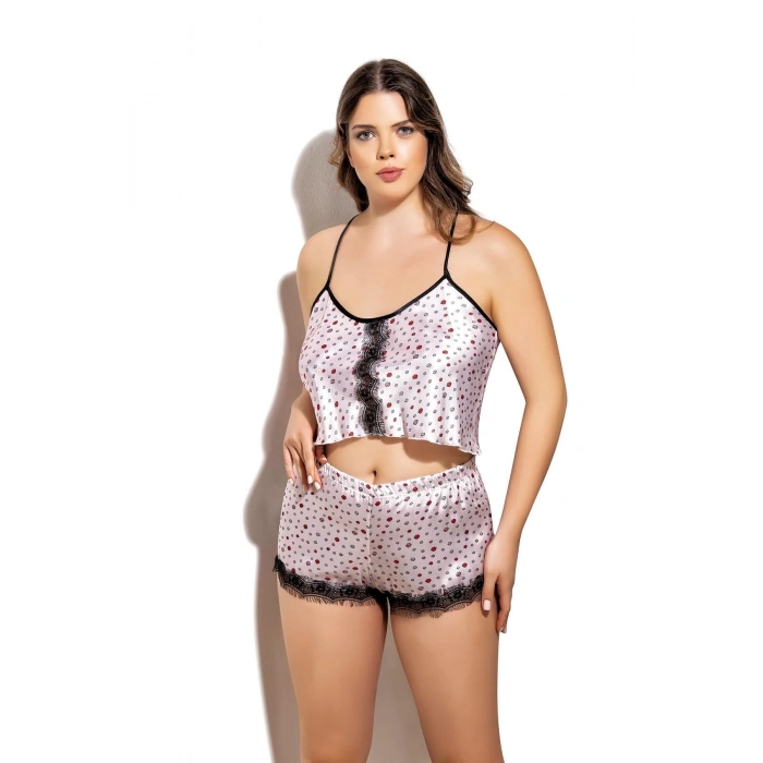 Nightlight Öpücük Desenli Fantazi Büyük Beden Şortlu Saten Takım