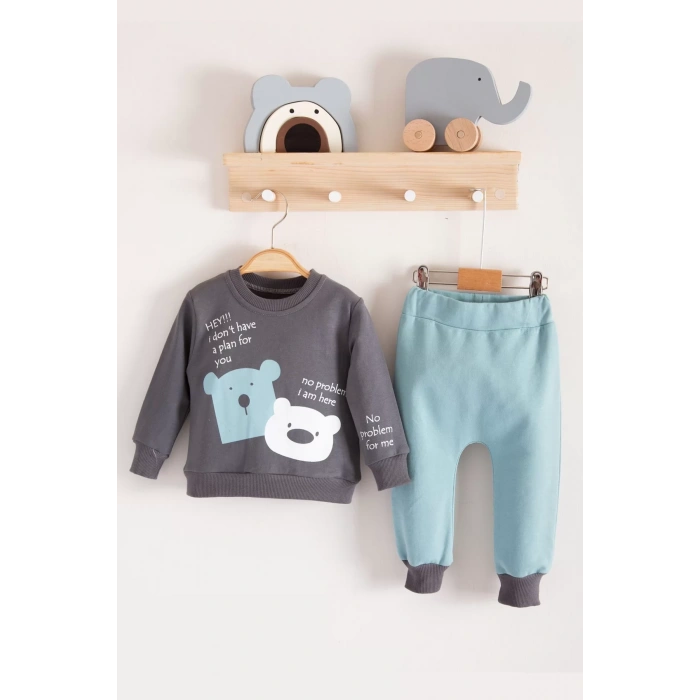 Eterelle No Problem Yazılı Bear Desenli 2li Erkek Bebek Takımı