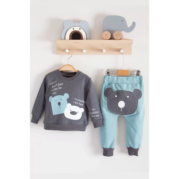 Eterelle No Problem Yazılı Bear Desenli 2li Erkek Bebek Takımı