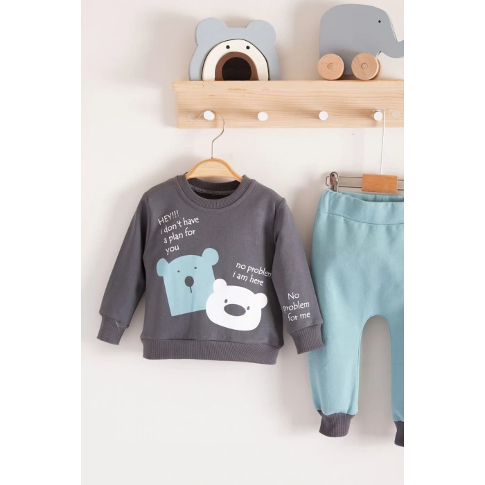 Eterelle No Problem Yazılı Bear Desenli 2li Erkek Bebek Takımı