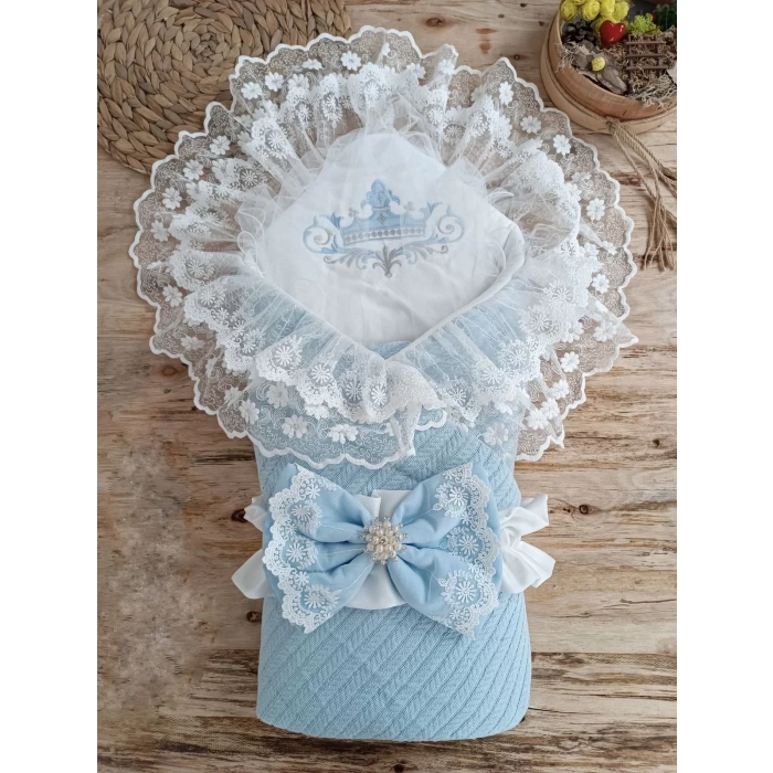 Eterelle Örgü Tericotton Taç Nakışlı İncili Güpür Çift Fiyonk Papatya Güpür Trilüks Kundak Bebek Battaniyesi Mavi