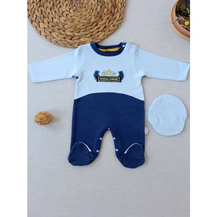 Eterelle 3-6 9-12 12-18 Ay Özel Kuvvetler Nakışlı Bere Şapkalı Kız Erkek Bebek Tulumu Lacivert