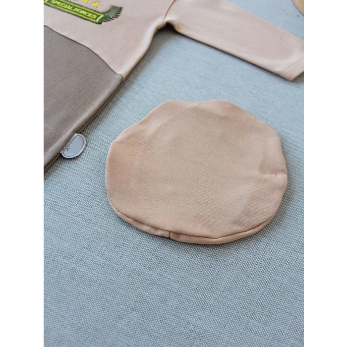 Eterelle 3-6 9-12 12-18 Ay Özel Kuvvetler Nakışlı Bere Şapkalı Kız Erkek Bebek Tulumu Sütlü Kahve