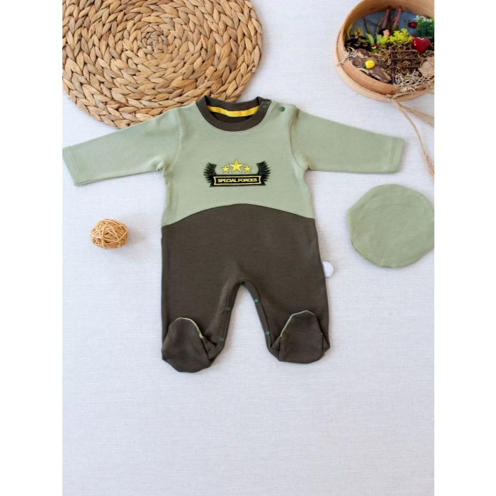 Eterelle 3-6 9-12 12-18 Ay Özel Kuvvetler Nakışlı Bere Şapkalı Kız Erkek Bebek Tulumu Yeşil