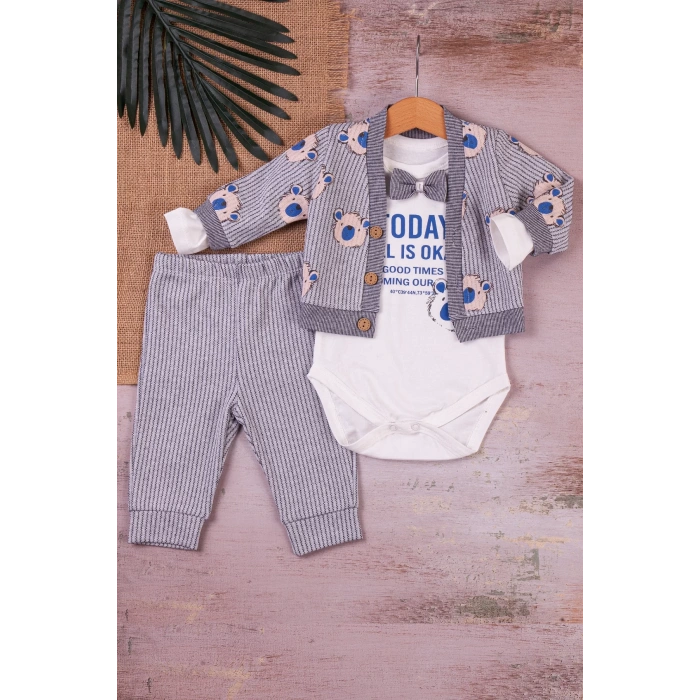 Eterelle Papyonlu Bear Çizgili Model Ceketli 3lü Erkek Bebek Takımı