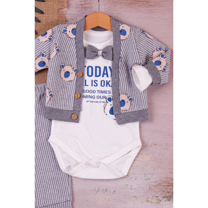 Eterelle Papyonlu Bear Çizgili Model Ceketli 3lü Erkek Bebek Takımı