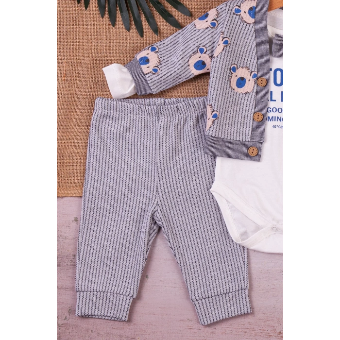 Eterelle Papyonlu Bear Çizgili Model Ceketli 3lü Erkek Bebek Takımı