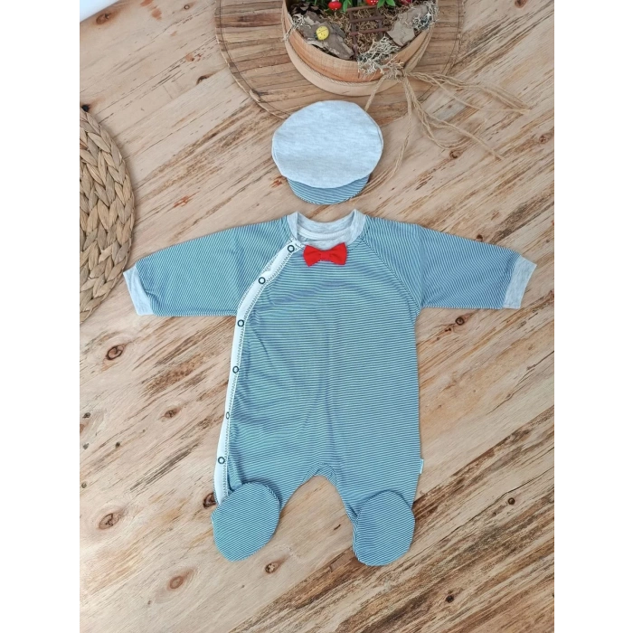 Eterelle 0-3 3-6 Ay Papyonlu Çizgi Desen Çıtçıt Kapama Kasketli Erkek Bebek Tulumu Lacivert