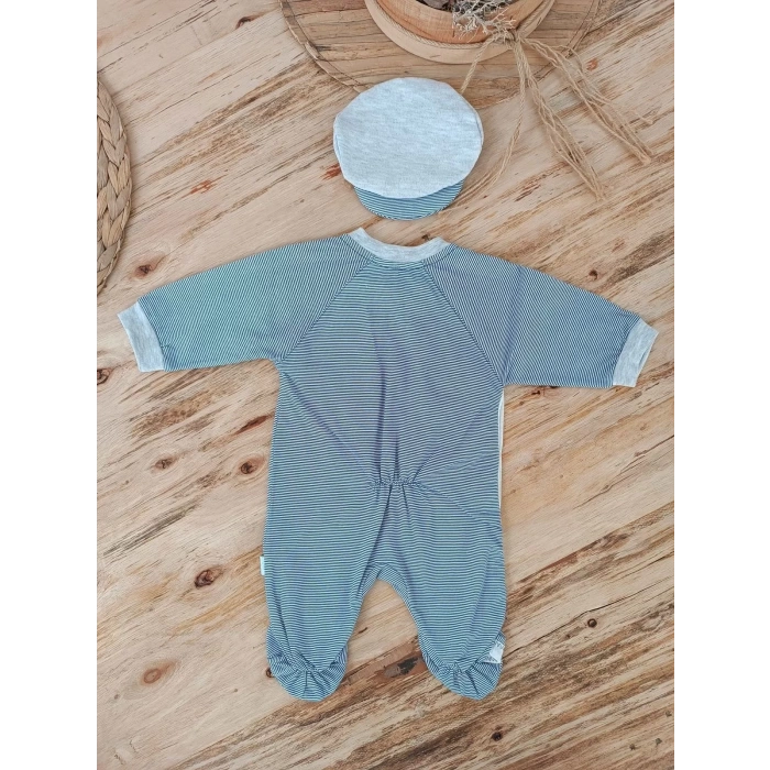 Eterelle 0-3 3-6 Ay Papyonlu Çizgi Desen Çıtçıt Kapama Kasketli Erkek Bebek Tulumu Lacivert