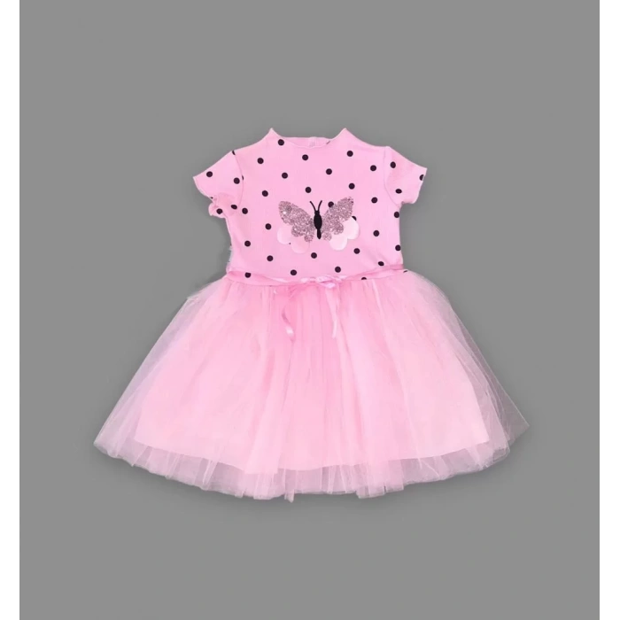 Eterelle 5-6-7 Yaş Payetli Kelebek Desenli Puantiyeli Kız Çocuk Elbisesi Pembe