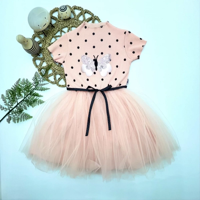 Eterelle 5-6-7 Yaş Payetli Kelebek Desenli Puantiyeli Kız Çocuk Elbisesi Somon