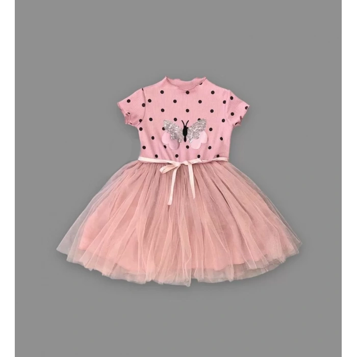 Eterelle 5-6-7 Yaş Payetli Kelebek Desenli Puantiyeli Kız Çocuk Elbisesi Gül Kurusu