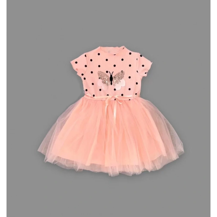 Eterelle 5-6-7 Yaş Payetli Kelebek Desenli Puantiyeli Kız Çocuk Elbisesi Somon