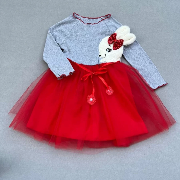 Eterelle 5-6-7 Yaş Pelüş Tavşan Desenli Kurdela Kuşaklı Astarlı Kız Çocuk Tütü Elbise Kırmızı