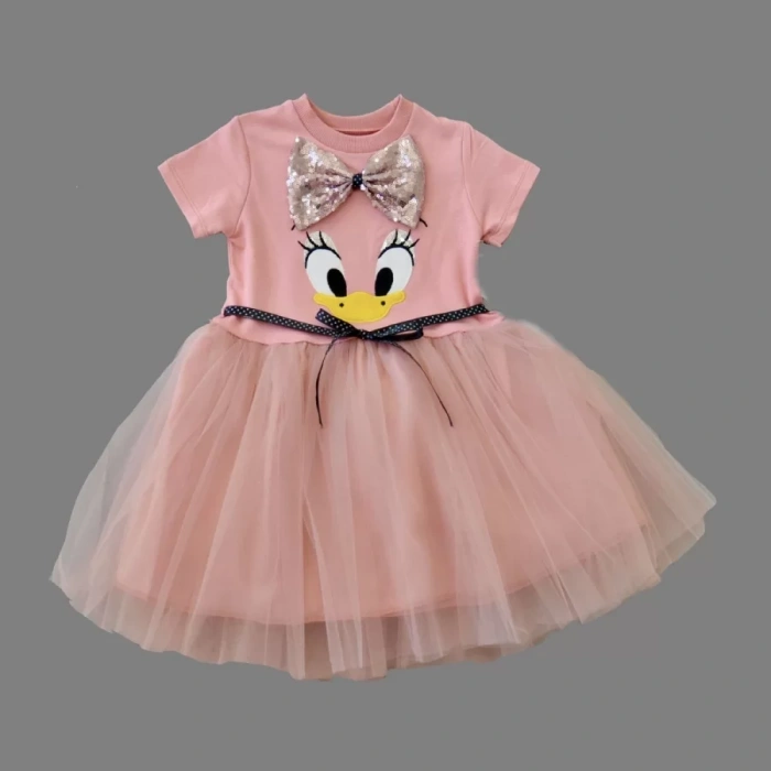 Eterelle 1-2-3 Yaş Payet Fiyonk Tokalı Ördek Nakışlı Astarlı Kız Bebek Tütü Elbisesi Pudra