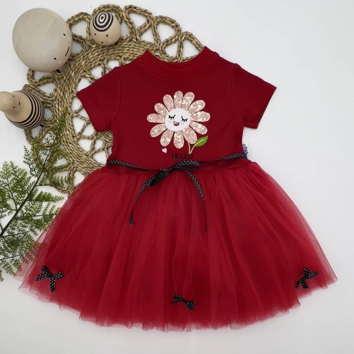 Eterelle 1-2-3 Yaş Payet Yapraklı Çiçek Nakışlı Astarlı Kız Bebek Tütü Elbisesi Kırmızı