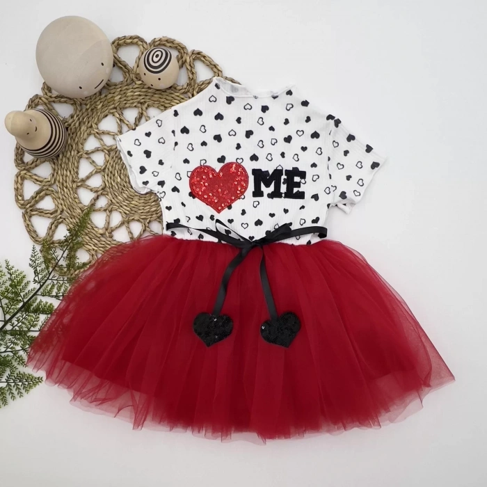 Eterelle 1-2-3 Yaş Payetli Kalp Me Baskılı Kız Bebek Elbisesi Kırmızı