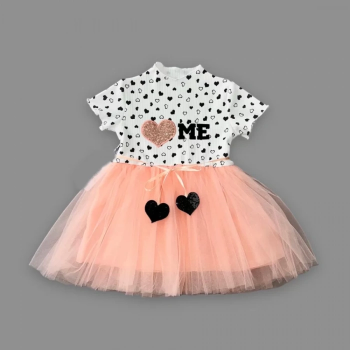 Eterelle 1-2-3 Yaş Payetli Kalp Me Baskılı Kız Bebek Elbisesi Pudra