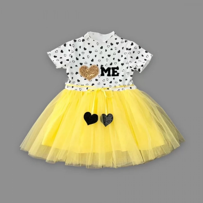 Eterelle 1-2-3 Yaş Payetli Kalp Me Baskılı Kız Bebek Elbisesi Sarı
