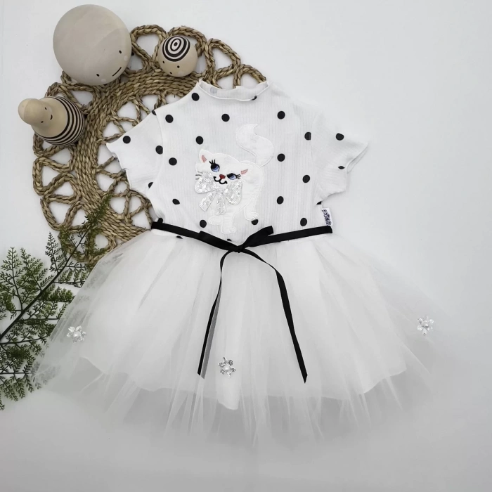 Eterelle 1-2-3 Yaş Payetli Kedicik Baskılı Puantiyeli Kız Bebek Elbisesi Beyaz