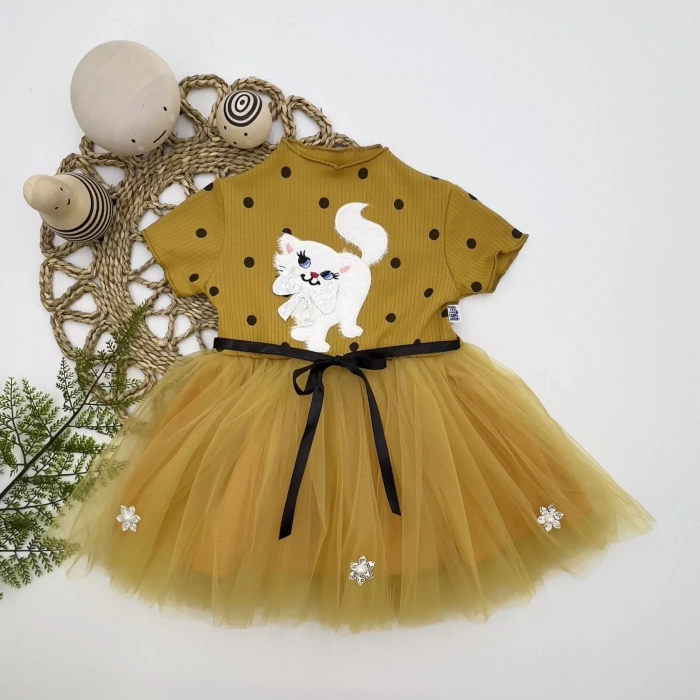 Eterelle 1-2-3 Yaş Payetli Kedicik Baskılı Puantiyeli Kız Bebek Elbisesi Hardal