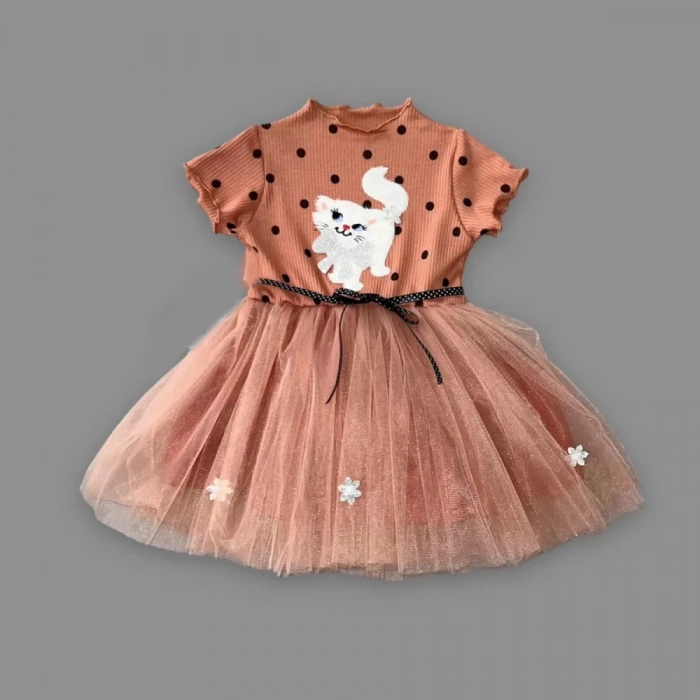 Eterelle 1-2-3 Yaş Payetli Kedicik Baskılı Puantiyeli Kız Bebek Elbisesi Kahverengi