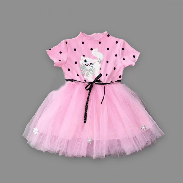 Eterelle 1-2-3 Yaş Payetli Kedicik Baskılı Puantiyeli Kız Bebek Elbisesi Pembe